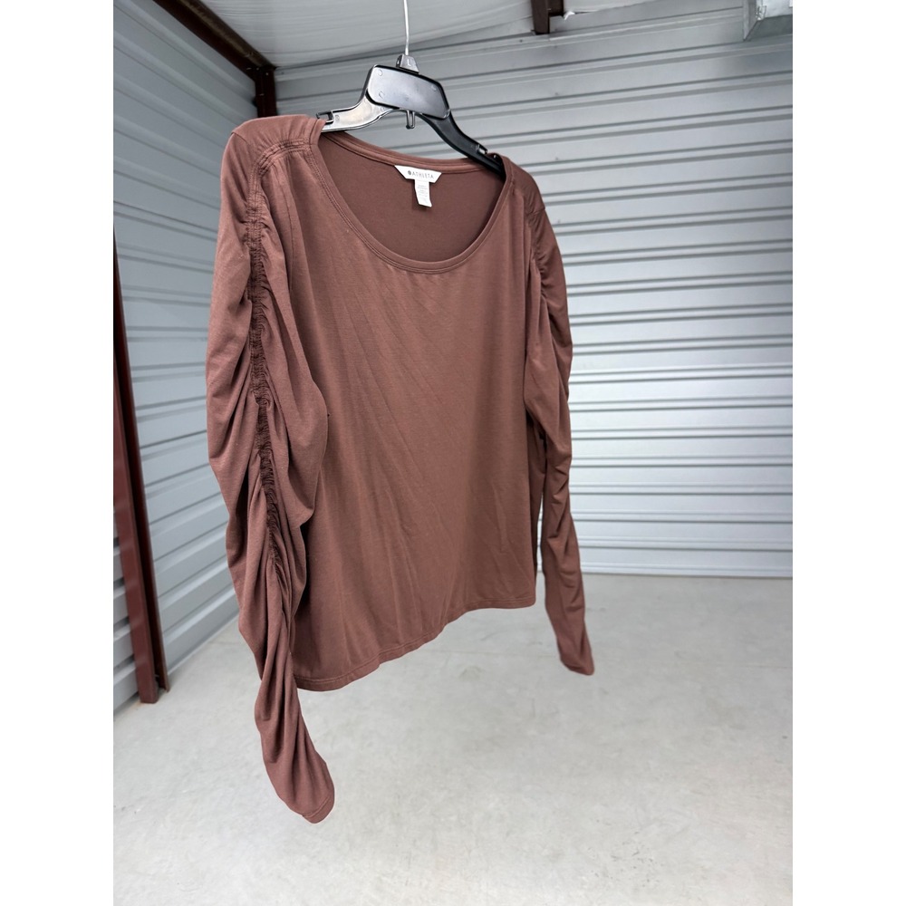 Athleta Women 1X Brown Ruched Sleeve Scoop Neck Long Sleeve Jersey Top